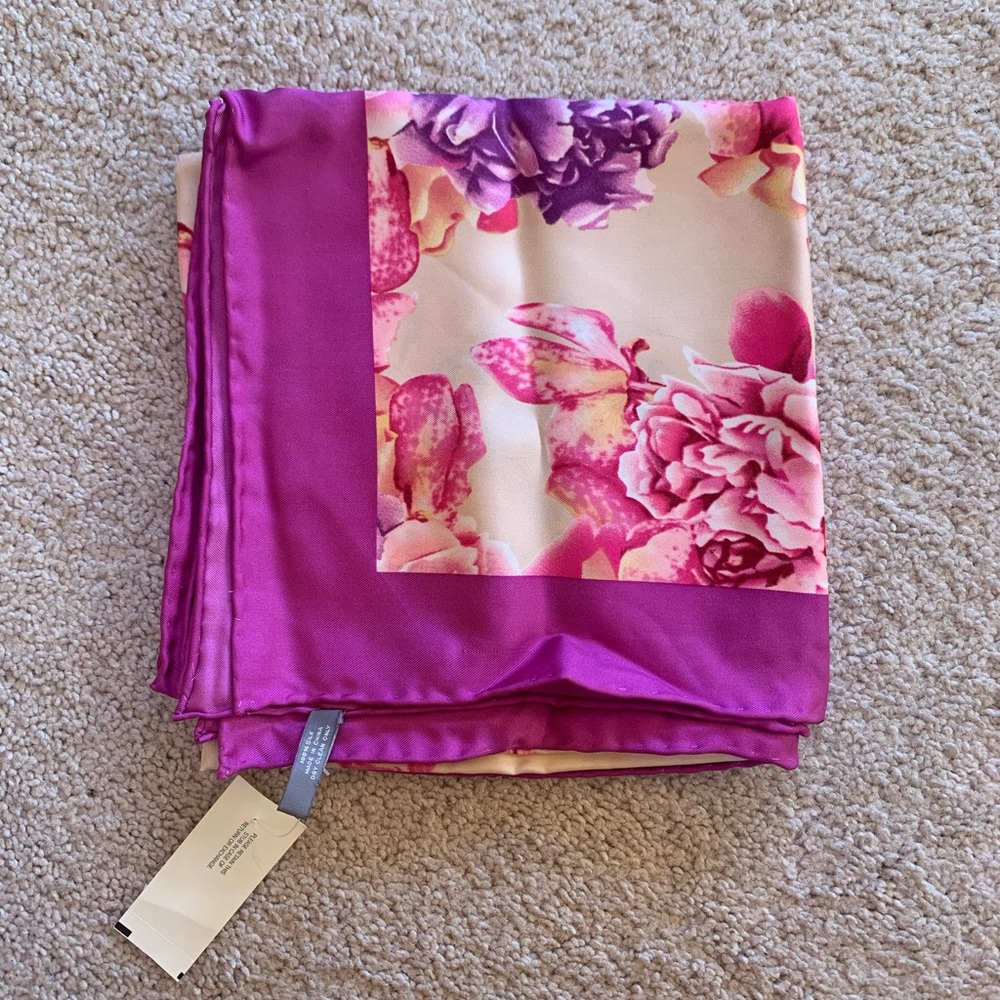 Ann Taylor Pink and Purple Flower Silk Scarf with Purple Border
